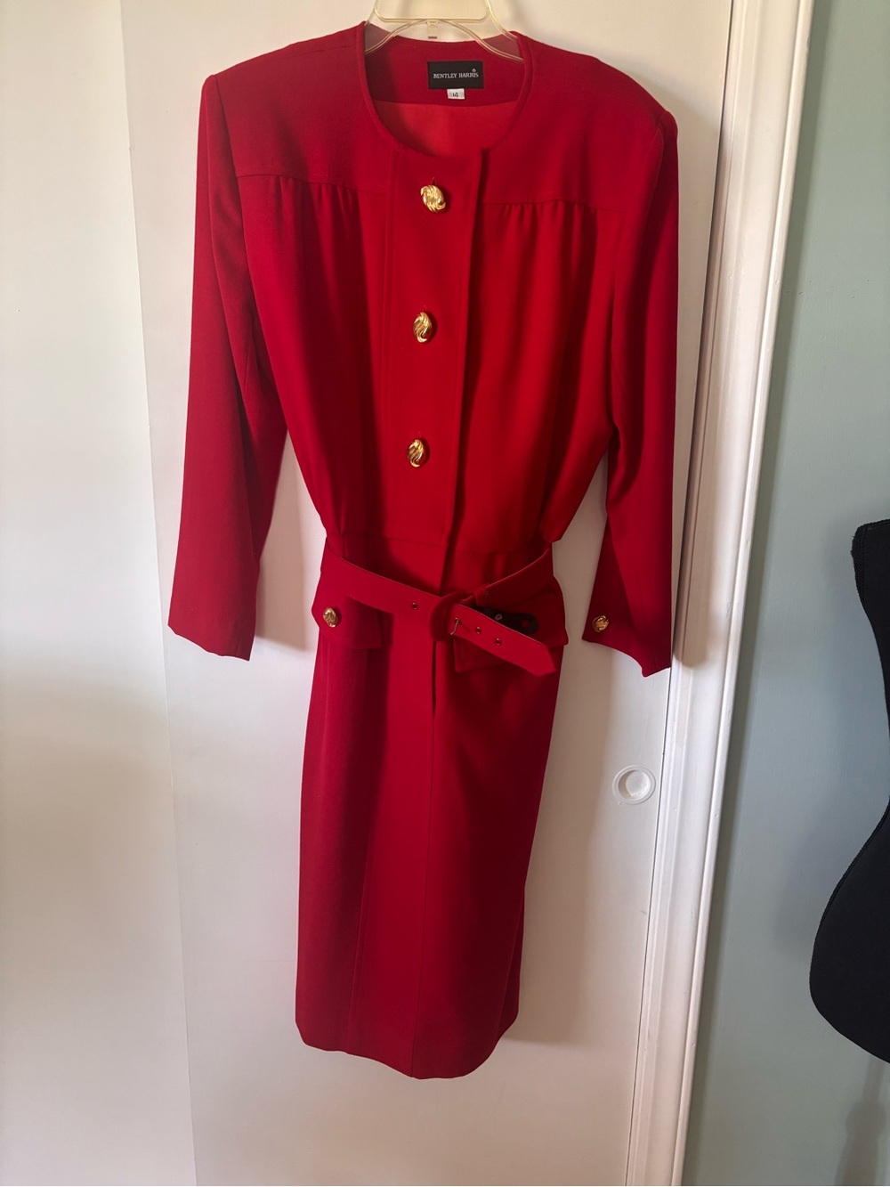 Vintage Bentley Harris Red Belted Button-Front Dress Sz 14